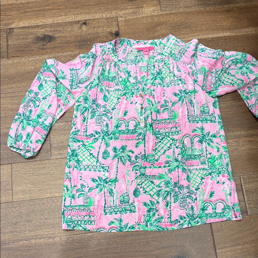Lilly Pulitzer Pink And Green Palm-Print Blouse